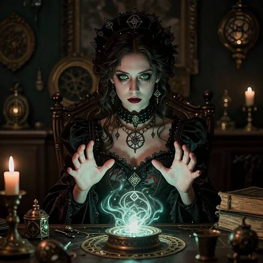 Digital artwork of a dark-haired, green-eyed witch with glowing hands and pentagram necklace, casting a spell in a dimly lit, ornate study