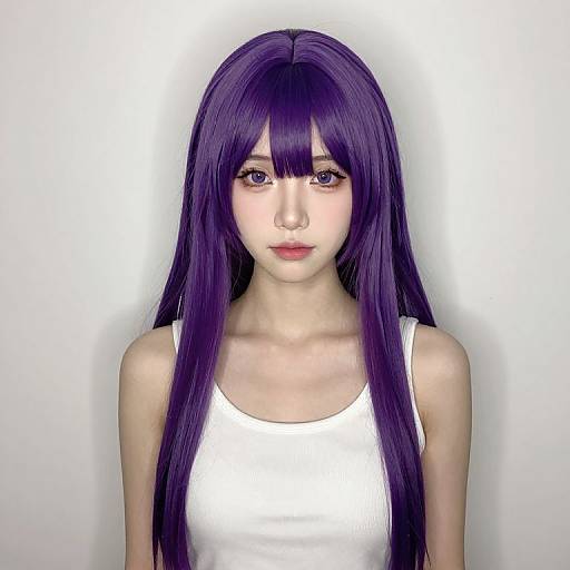 Digital anime-style portrait of a pale-skinned woman with long, straight, dark purple hair, wearing a white tank top, against a plain white background