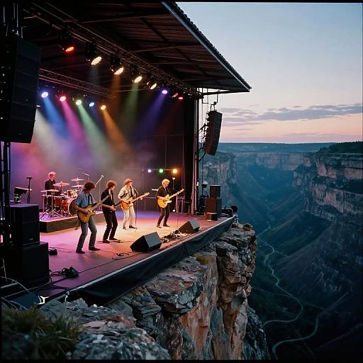 Photograph of a rock band performing on a cliffside stage at sunset, with colorful stage lights illuminating the Grand Canyon.