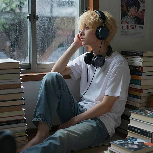 Blond Anime Boy in Cozy Bedroom