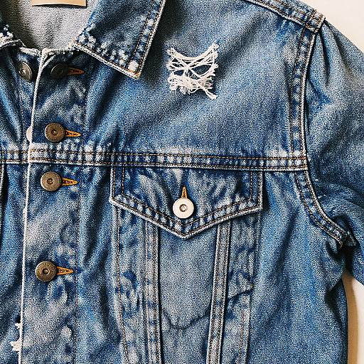 Close-up photograph of a distressed blue denim shirt with white embroidery, three brown buttons, and two chest pockets.