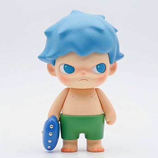 Chibi-style CGI figure of a blue-haired, shirtless boy with green shorts, holding a blue paddle, standing with a serious expression.