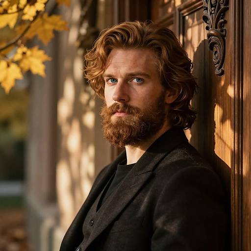 Photograph of a handsome, bearded man with wavy brown hair, blue eyes, and fair skin, leaning against a wooden door in autumn sunlight