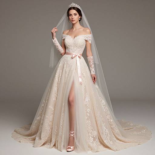 Photograph of a slender, fair-skinned woman in an off-shoulder, lace-embellished white wedding gown with a long veil and