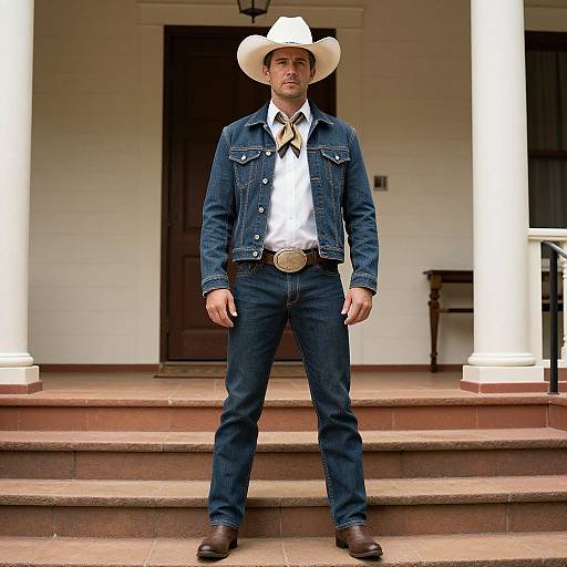 Photograph of a man standing on porch steps, wearing a white cowboy hat, blue denim jacket, white shirt, yellow tie, blue jeans, and
