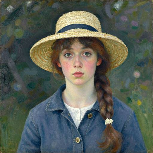 Realistic oil painting of a young woman with fair skin, red braided hair, straw hat, denim shirt, and white blouse, set against a