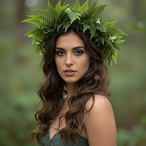 Photograph of a young woman with long, wavy brown hair, wearing a green fern crown and dark green lace dress, set against a blurred forest