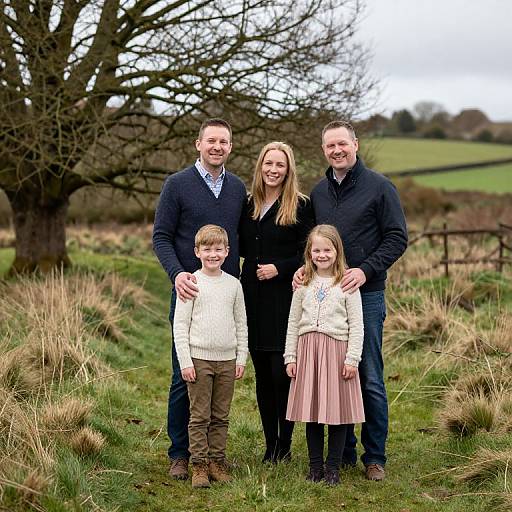 Photograph of a smiling family: mother, father, son, and daughter, standing in a grassy field with a large tree, countryside background.
