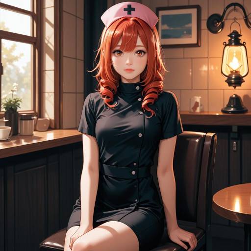 Crimson-Haired Nurse in Cozy Cafe