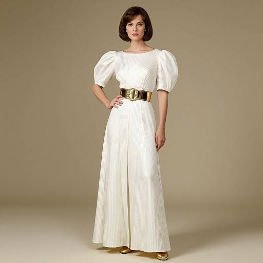 Photograph of a woman with a short black bob, wearing a white, pleated, puffed-sleeve dress with a gold belt and gold