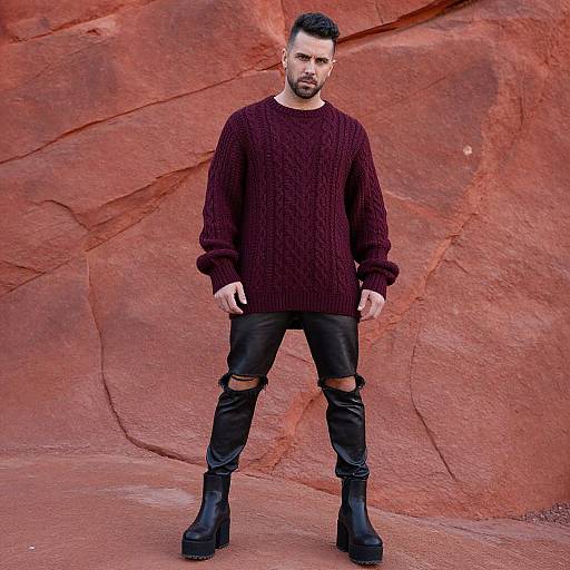Photograph of a bearded man with short black hair, wearing a dark maroon knit sweater, black ripped jeans, and black platform boots, standing