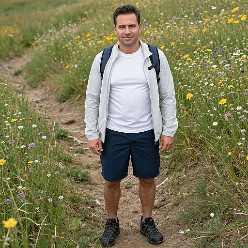 Photograph of a bearded man with short dark hair, wearing a white shirt, black shorts, and backpack, standing on a dirt path through a