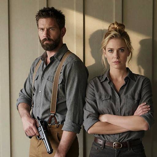 Serious Duo Against Wooden Wall