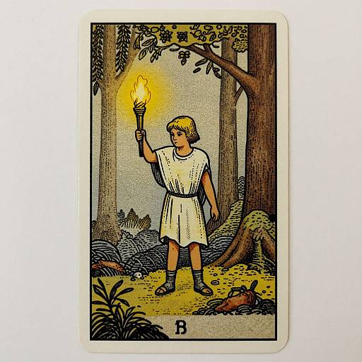 Illustrated tarot card: Blonde girl in white dress holds torch, standing in forest with tall trees and plants, background is dimly lit. Letter