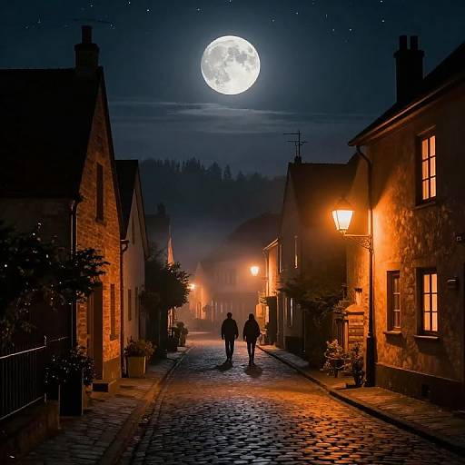 Photograph of a cobblestone street at night, illuminated by moonlight and street lamps, with two silhouetted figures walking down the path