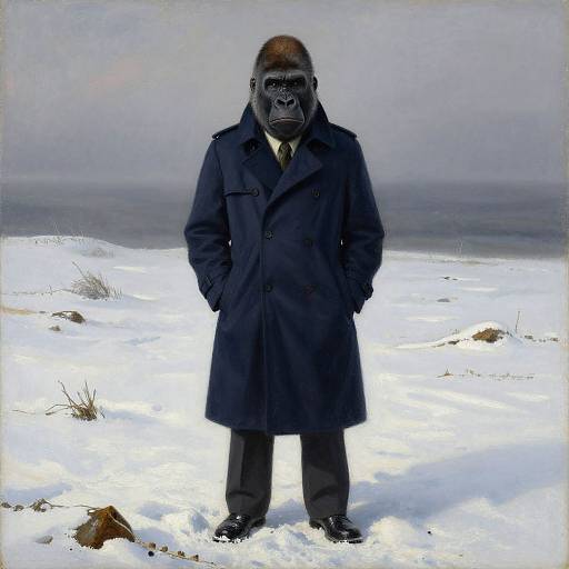 Photograph of a man in a dark overcoat, black mask resembling a gorilla face, standing in a snowy, overcast landscape.