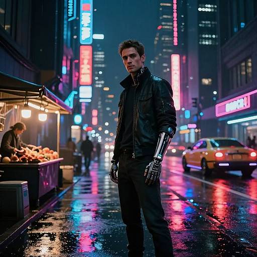Neon-lit urban night scene: brooding man in black leather jacket and metallic glove stands on wet street, surrounded by vibrant, colorful city lights
