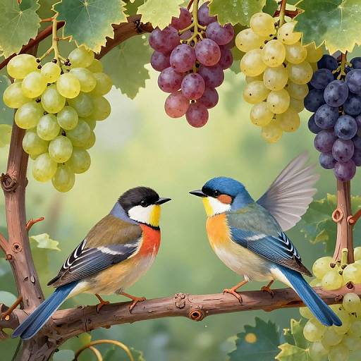 Digital illustration of two colorful birds, one with blue head and yellow-orange chest, the other with black and white head, facing each other on a grape