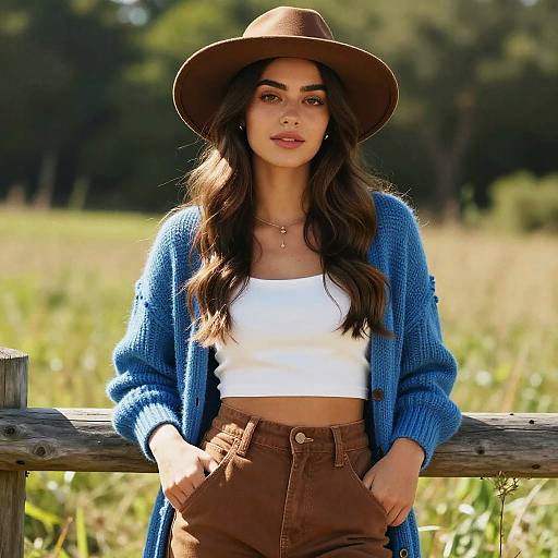 Photograph of a young woman with long dark hair, brown hat, white crop top, blue cardigan, and brown high-waisted pants,