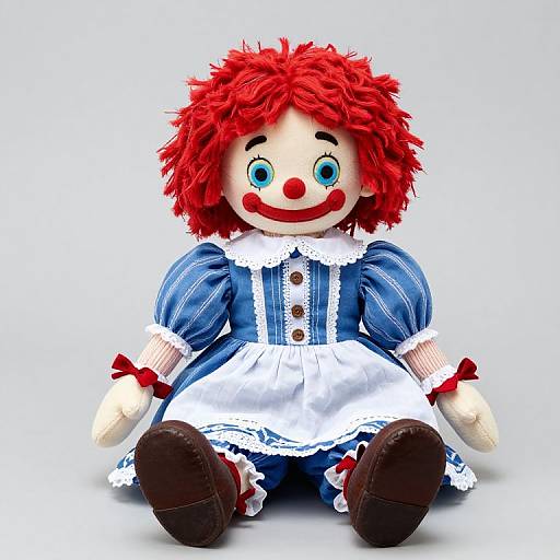 Photograph of a colorful, plush clown doll with bright red hair, blue eyes, red nose, wearing a blue dress with white lace, and brown