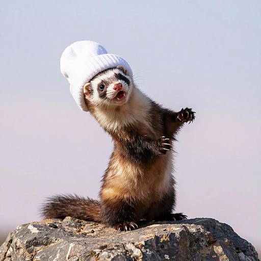Playful Ferret in Towel on Rock