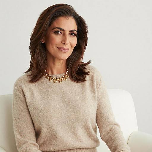 Middle-Aged Middle Eastern Woman in Beige Cashmere Sweater