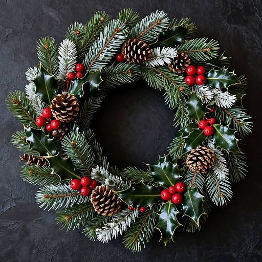 Photograph of a festive Christmas wreath with green pine needles, white-tipped branches, red berries, pinecones, and small silver stars on