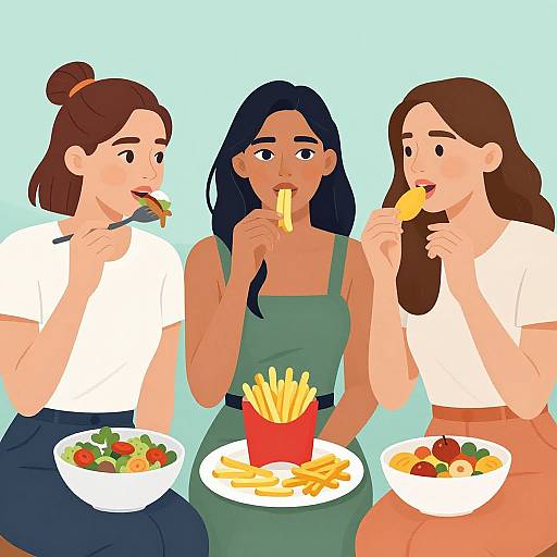 Digital illustration of three women with diverse hair colors eating fries and salads, seated against a light blue background.