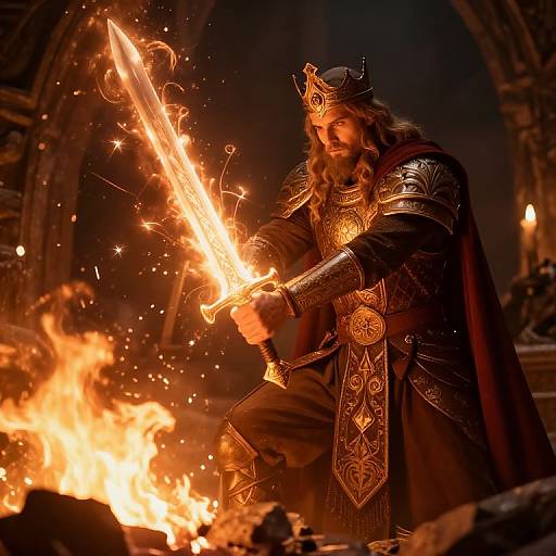 Photograph of a bearded king in ornate armor, holding a glowing, fiery sword, kneeling by a large flame in a dark, arched