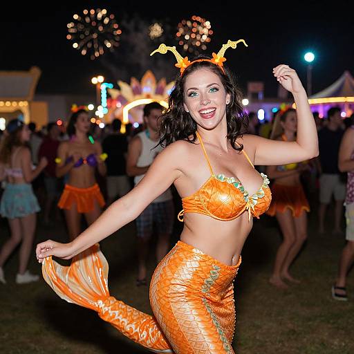 Photograph of a smiling woman with fair skin, black wavy hair, and orange mermaid costume, dancing at a night festival with fireworks and colorful