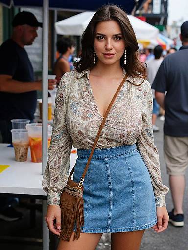 Photograph of a confident woman with long brown hair, wearing a paisley blouse with deep V-neck, blue denim skirt, and brown fringe bag,