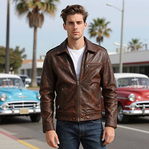 Photograph of a handsome young man with short brown hair, wearing a brown leather jacket and white tee, standing on a street with vintage cars and palm
