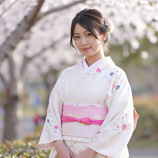 Young Woman in Traditional Japanese Kimono with Cherry Blossoms