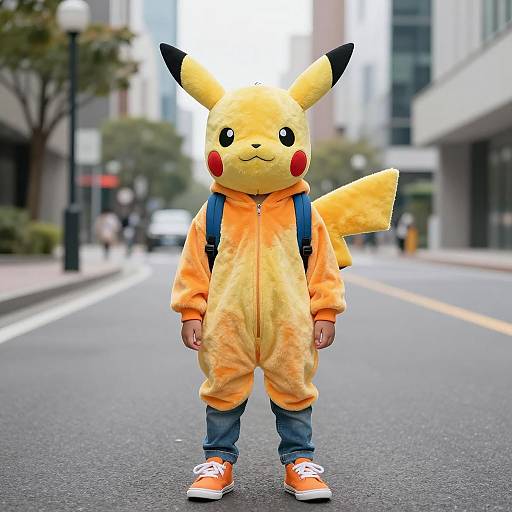 Child in Pikachu Costume on City Street