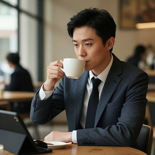 Photograph of an Asian man in a dark suit and tie, sipping from a white coffee cup, sitting at a wooden table in a blurred,