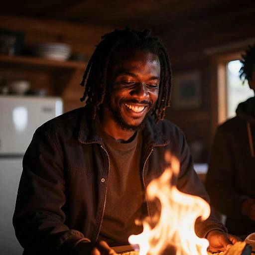 Man with Dreadlocks Smiling by Fire in Cabin