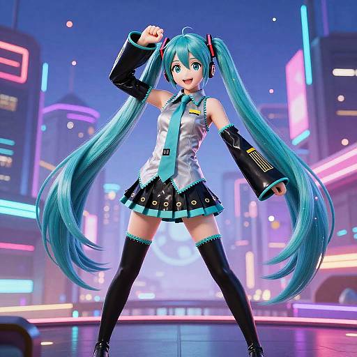 Digital artwork of Hatsune Miku, anime-style, with long turquoise twin-tails, futuristic neon city background, wearing a sleeveless white top,