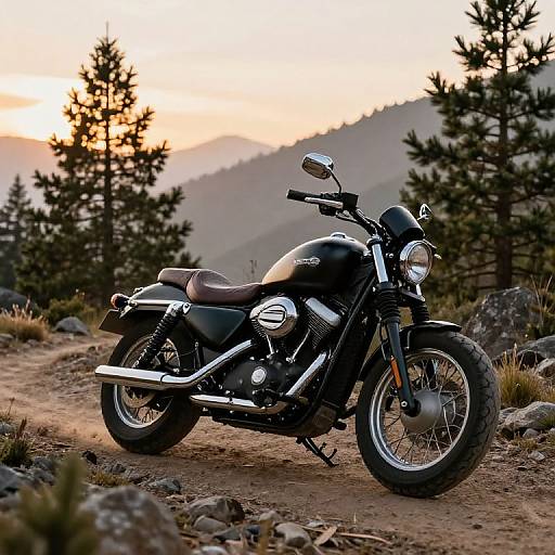 Photograph of a black motorcycle with chrome accents parked on a dirt path at sunset, surrounded by pine trees and mountains.