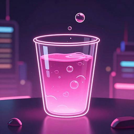 Neon-lit, glowing pink glass with bubbles, illuminated against a dark, futuristic background with blurred control panels and a mouse. CGI digital art.