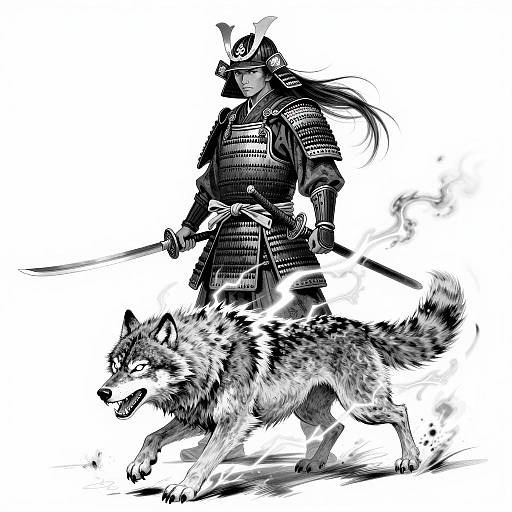 Detailed Samurai and Wolf Illustration