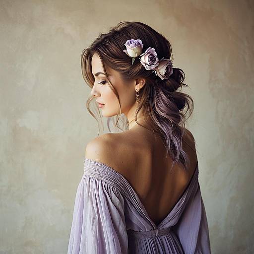 Elegant Woman in Lavender Bohemian Dress with Flowers