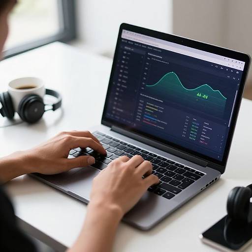 Photograph of hands typing on a silver laptop with a stock market graph on the screen, surrounded by headphones and a coffee cup on a white desk.
