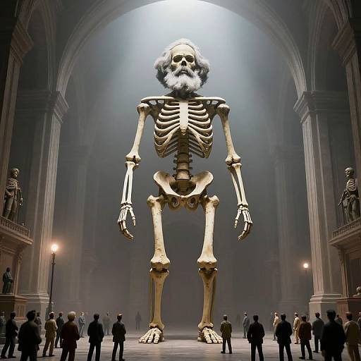 Giant Skeletal Karl Marx in Misty Hall