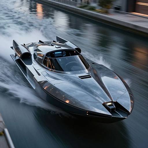 Photograph of a sleek, silver, futuristic speedboat with aerodynamic design, cutting through water, creating white spray, on a city canal at dusk