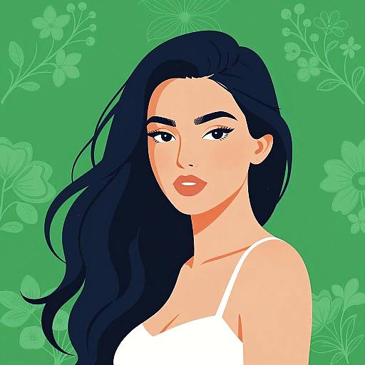 Illustration of Woman with Flowing Hair on Floral Green Background