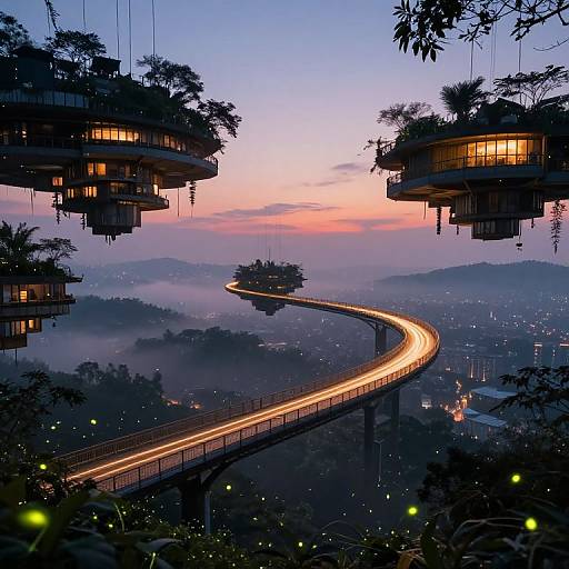Photograph of a twilight sky over a winding, illuminated mountain road connecting two suspended, tree-covered, futuristic structures with warm, glowing lights.