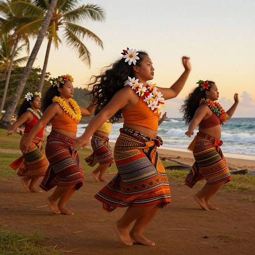 Photograph of four Hawaiian hula dancers with floral headpieces, orange tops, and colorful skirts, dancing on a tropical beach at sunset with palm trees