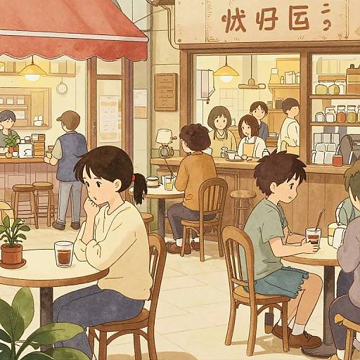 Anime-style digital drawing of a cozy café with wooden chairs, potted plants, and patrons enjoying coffee and conversation. Warm, yellow lighting. Japanese text