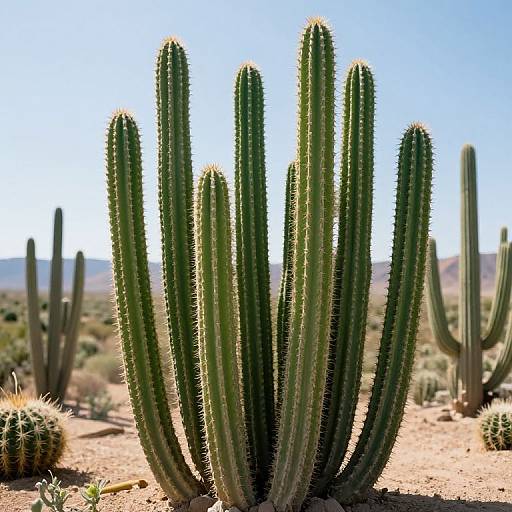 Photograph of a large, green, columnar cactus with multiple vertical segments, surrounded by smaller cacti in a desert landscape under a clear