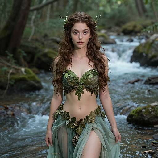Photorealistic CGI of a fair-skinned, brown-haired woman with leafy forest attire, standing in a lush, mossy forest stream.